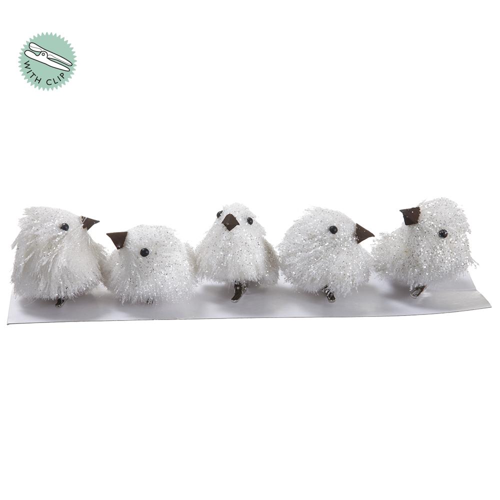 Box/5 2" Birds Clip White Glitter