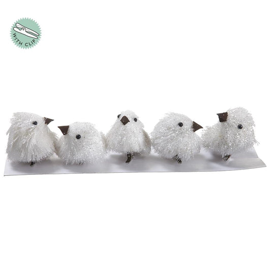 Box/5 2" Birds Clip White Glitter