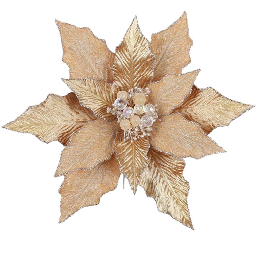 Gold poinsettia stem with layered festive petals.