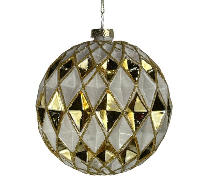 Gold white glass harlequin ornament, 4 inch, for Christmas tree decorating