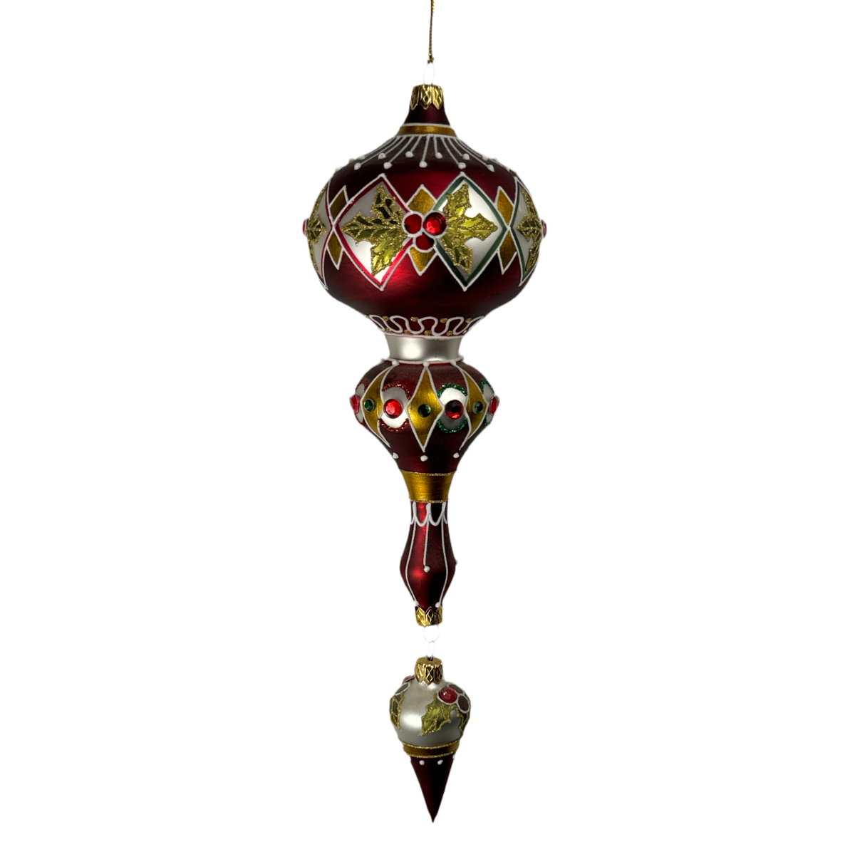 Red vintage finial ornament with gold and green medallions and a drop.