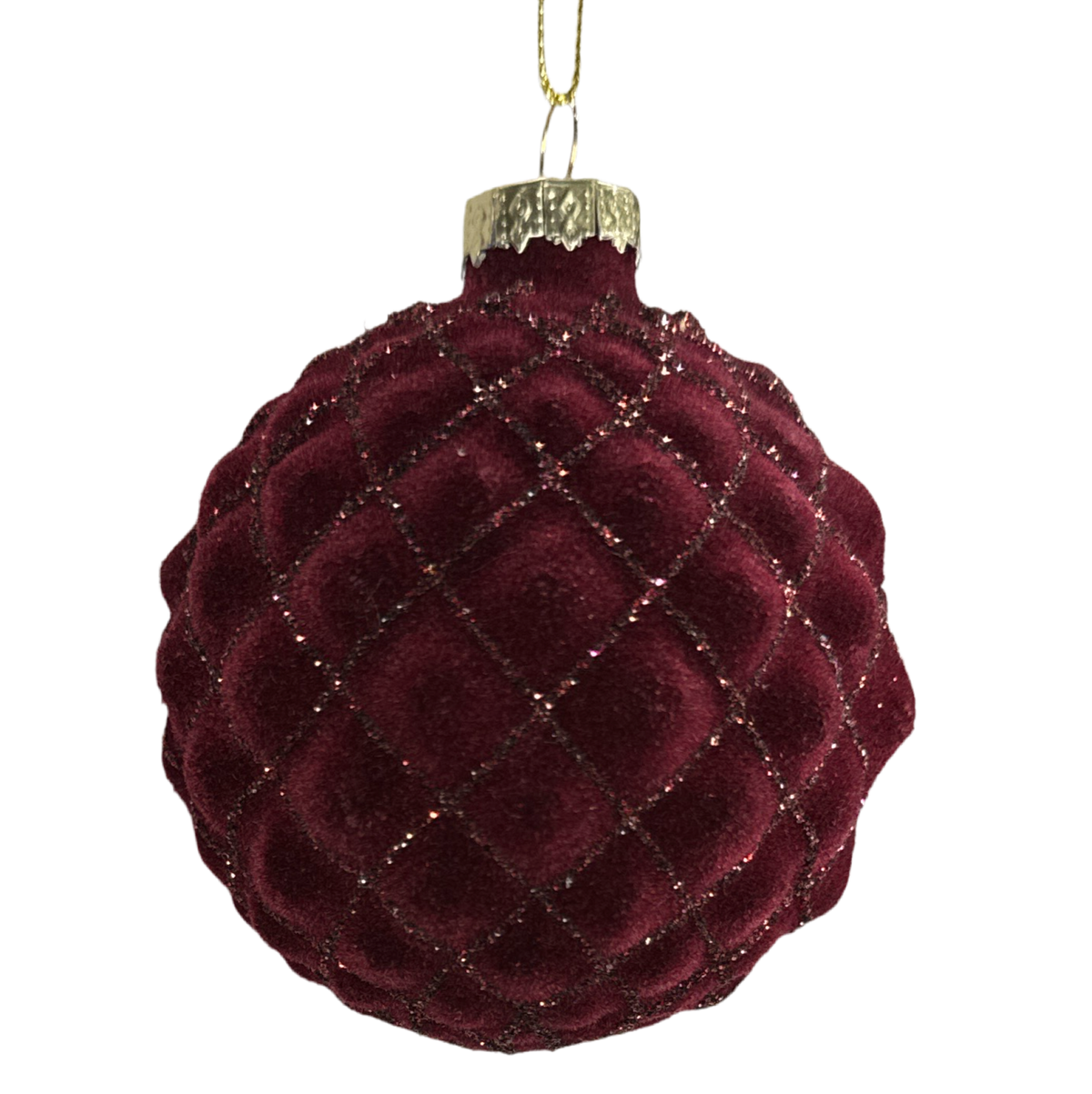 Red pink ball ornament with felt harlequin ball red/burgundy/pink detail.
