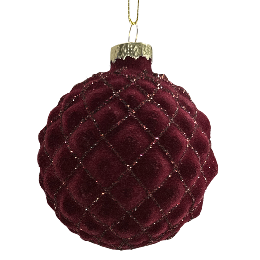 Red pink ball ornament with felt harlequin ball red/burgundy/pink detail.