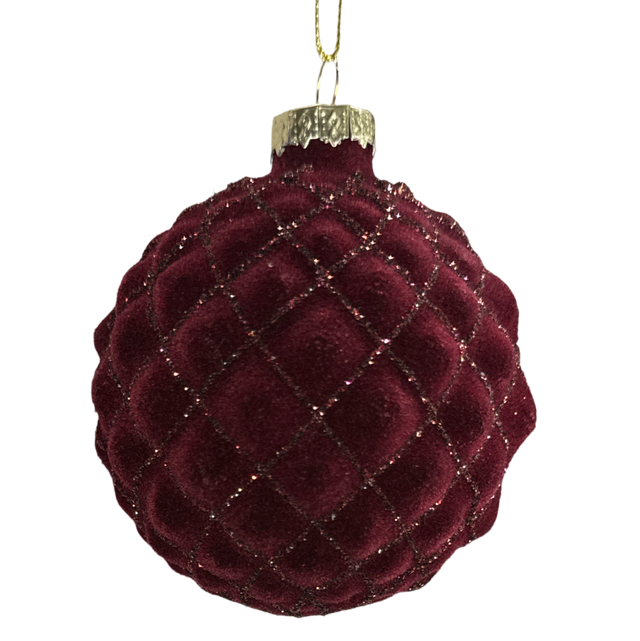 Red pink ball ornament with felt harlequin ball red/burgundy/pink detail.