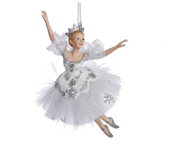 White snow queen ballerina ornament with silver snowflakes.