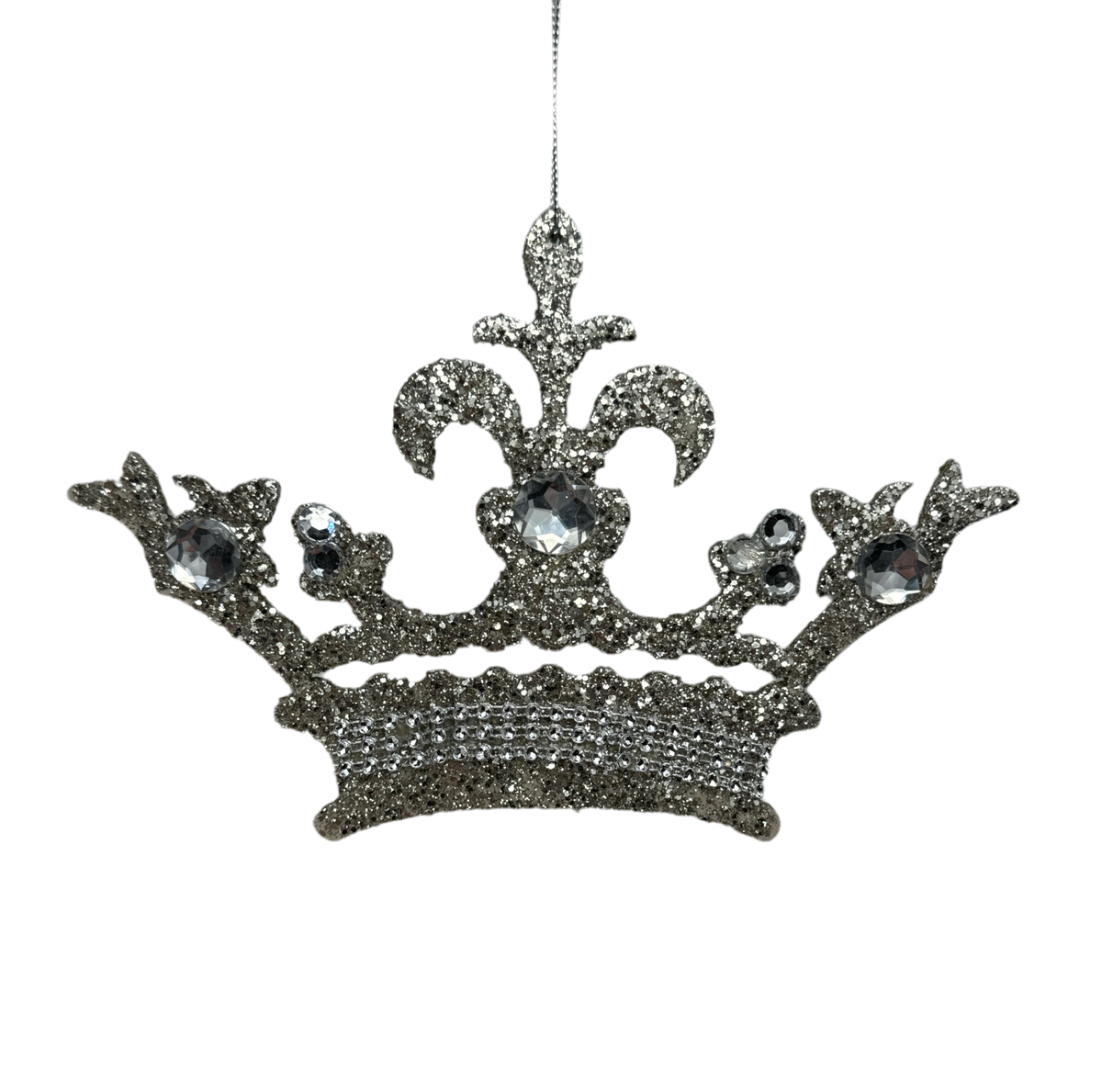 Silver glitter crown ornament with regal points.