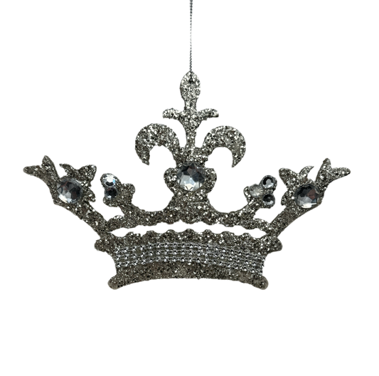 Silver glitter crown ornament with regal points.