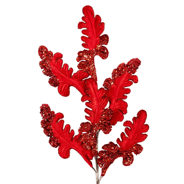 Red Christmas acanthus spray with sculpted leaves.
