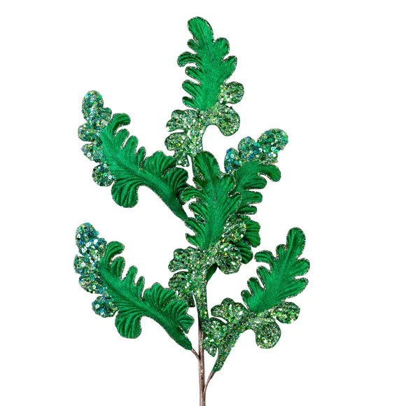 Emerald acanthus spray with layered curling leaves.