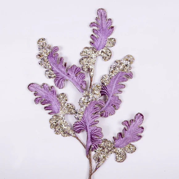 Lavender acanthus spray with layered leaves.