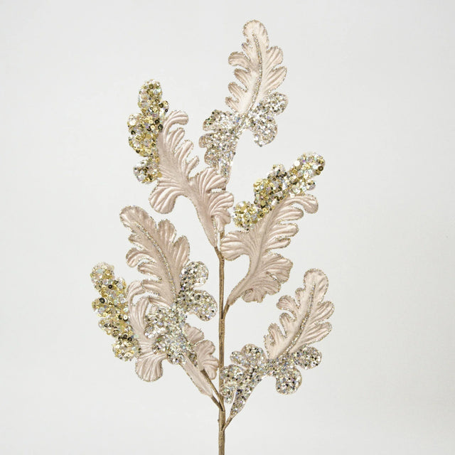 Champagne acanthus spray with layered curling leaves.
