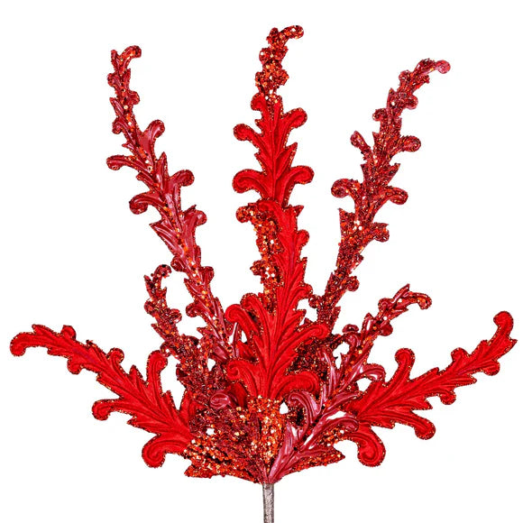 Red acanthus spray with lacy scrolling leaves.