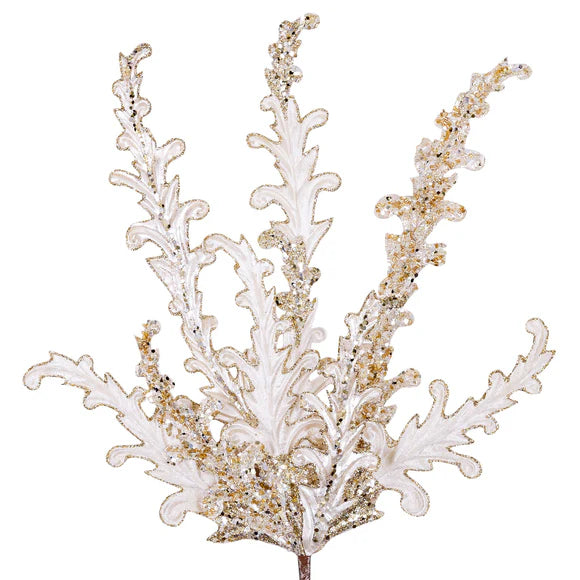 Ivory acanthus lace spray with layered curling leaves.