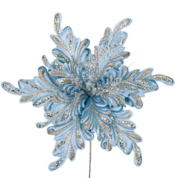 Light blue fancy floral clip stem with an attachment clip.