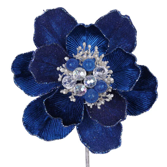 Navy blue grand magnolia stem with a full layered bloom.