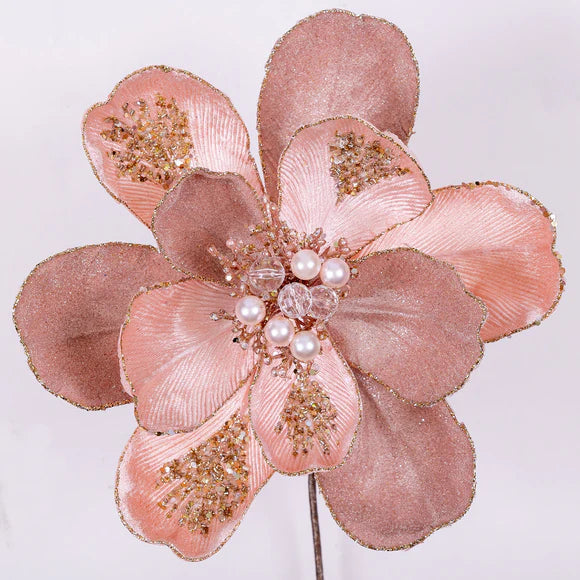 Pink magnolia stem with layered cupped petals.