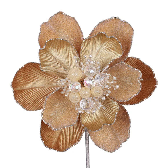 Gold grand magnolia stem with broad metallic petals.
