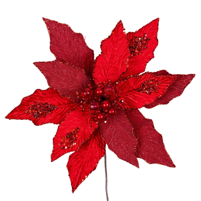 Red festive poinsettia stem with layered petals.