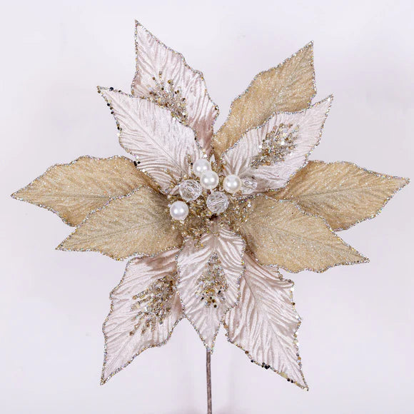 Silver poinsettia stem with layered festive petals.
