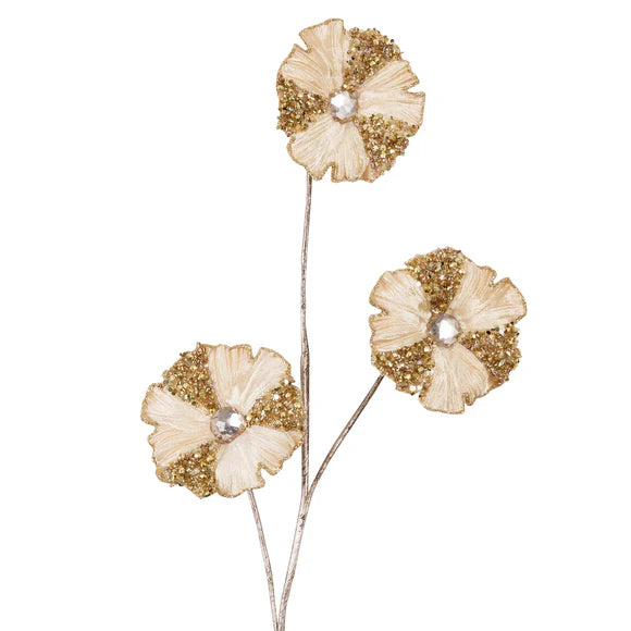 Champagne plush flower pick with gold glitter petals and gem centers, three blooms.