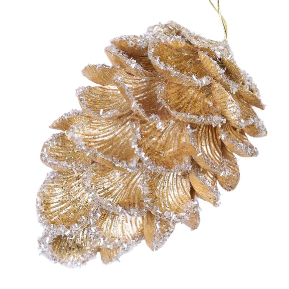 Gold frosted pinecone ornament with a warm glowing finish.