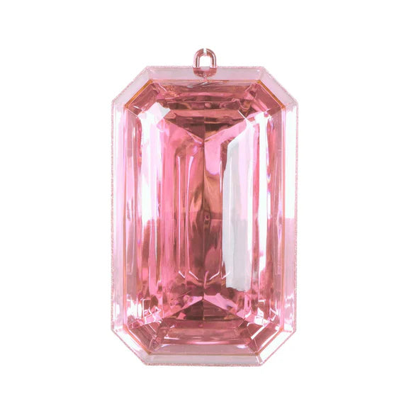 Pink jeweled ornament with a rectangular gem form with jeweled detail.