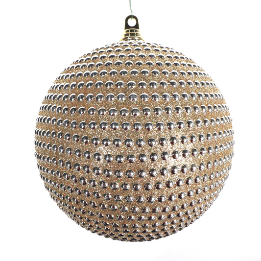 Gold silver dazzling diamond ball ornament with raised beaded studs.