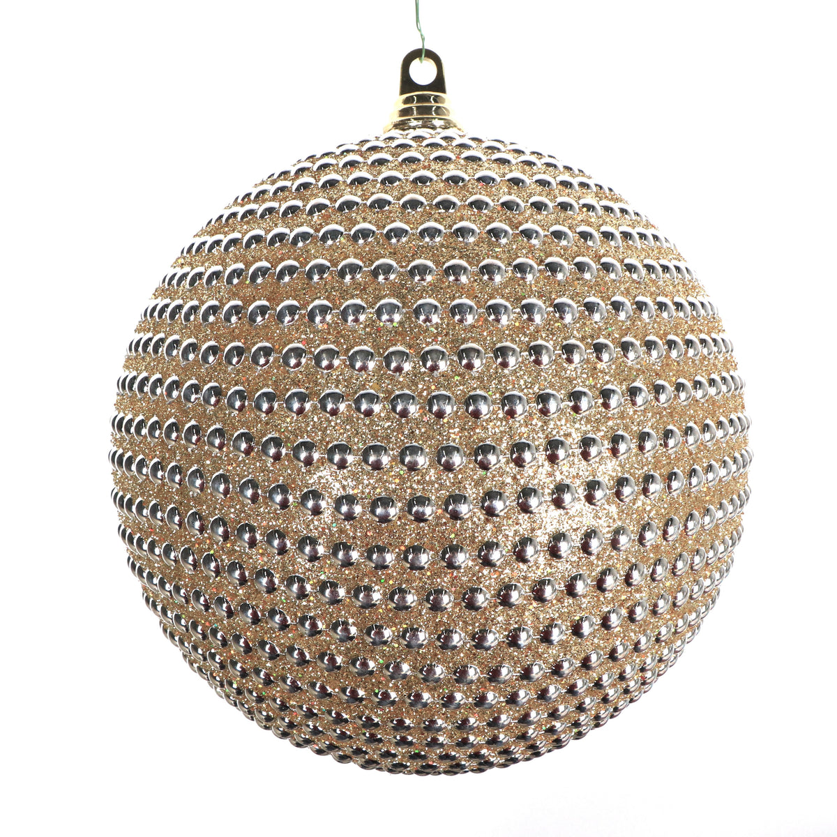 Gold silver dazzling diamond ball ornament with raised beaded studs.