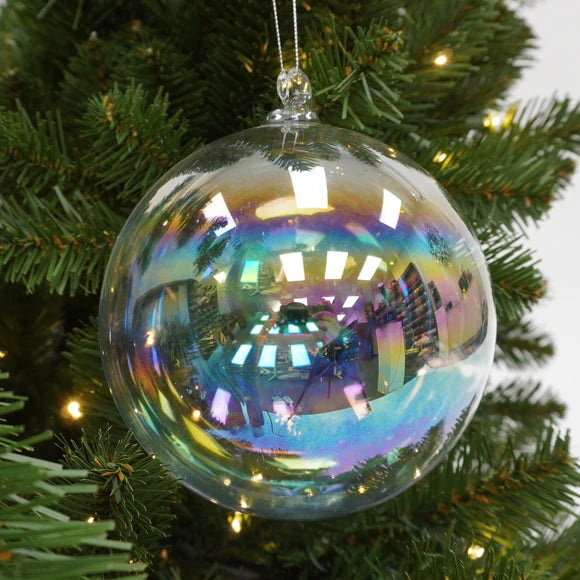 Clear iridescent bubble glass ball ornament with shifting pastel light.