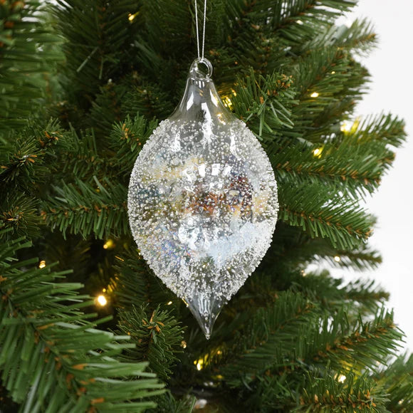 Clear iridescent glistening glass drop ornament.