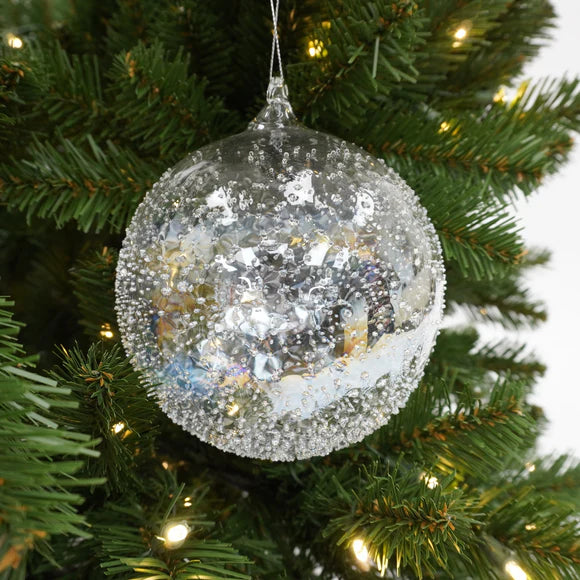 Clear iridescent glistening glass ball ornament.