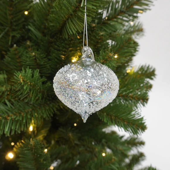 Clear iridescent glass kismet ornament with a glistening finish.