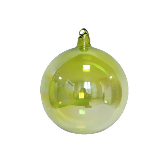 Green glass ornament with an aurora iridescent surface that shifts with the light.