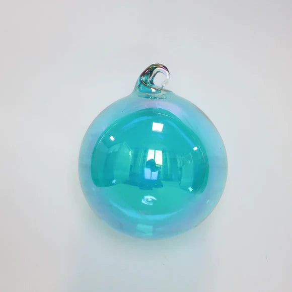 Turquoise glass ornament with turquoise aurora glass detail.