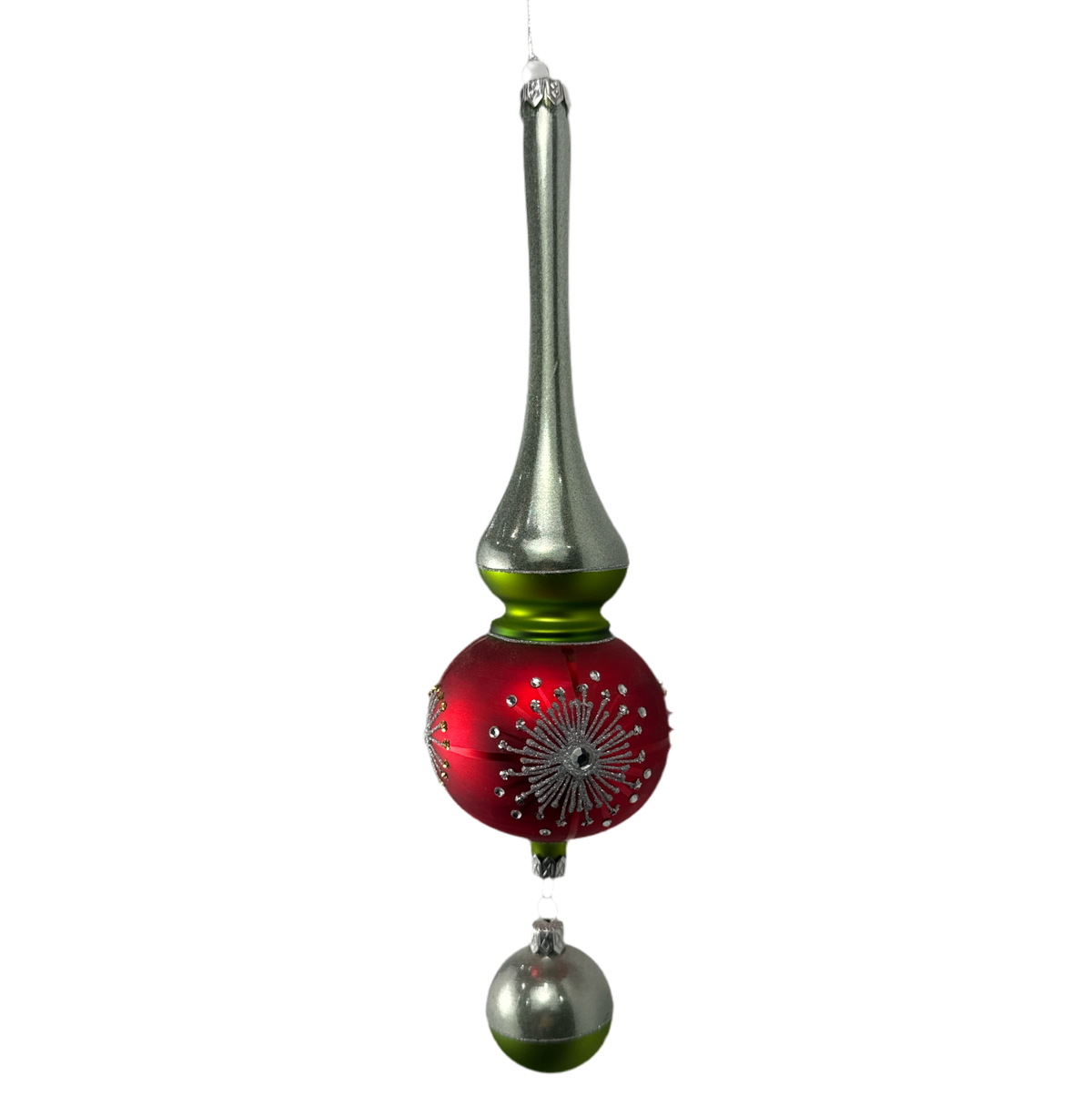 Silver and green vintage finial ornament with a red ball and silver drop.