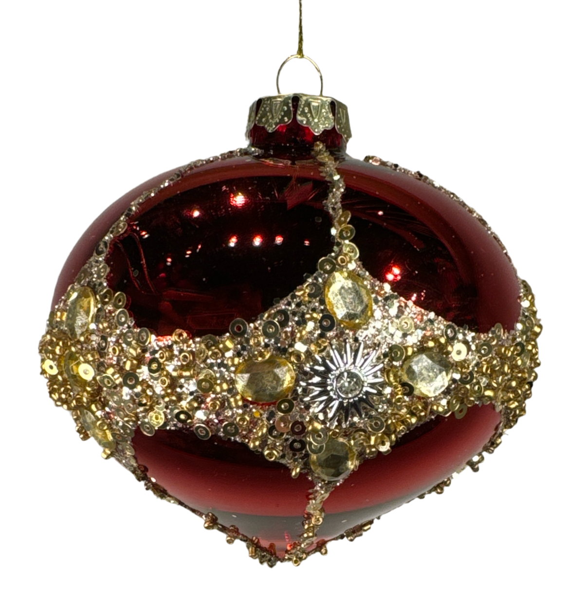 Red glass onion ornament with a jeweled gold band.