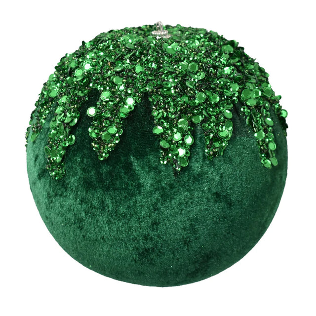 Emerald velvet ball ornament with sequin detail.