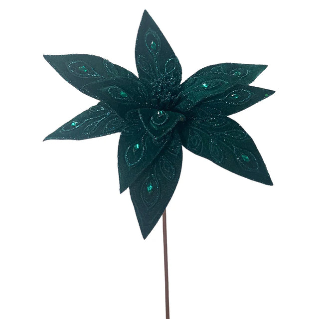Emerald poinsettia bejeweled stem with sparkling petals.