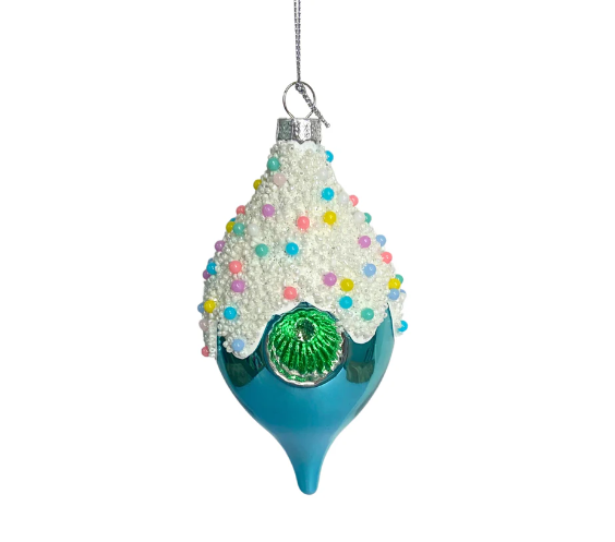 Blue glass sprinkles finial ornament with an elongated form.