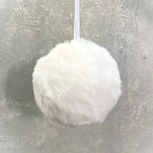 White fur ball ornament with a soft faux fur finish.