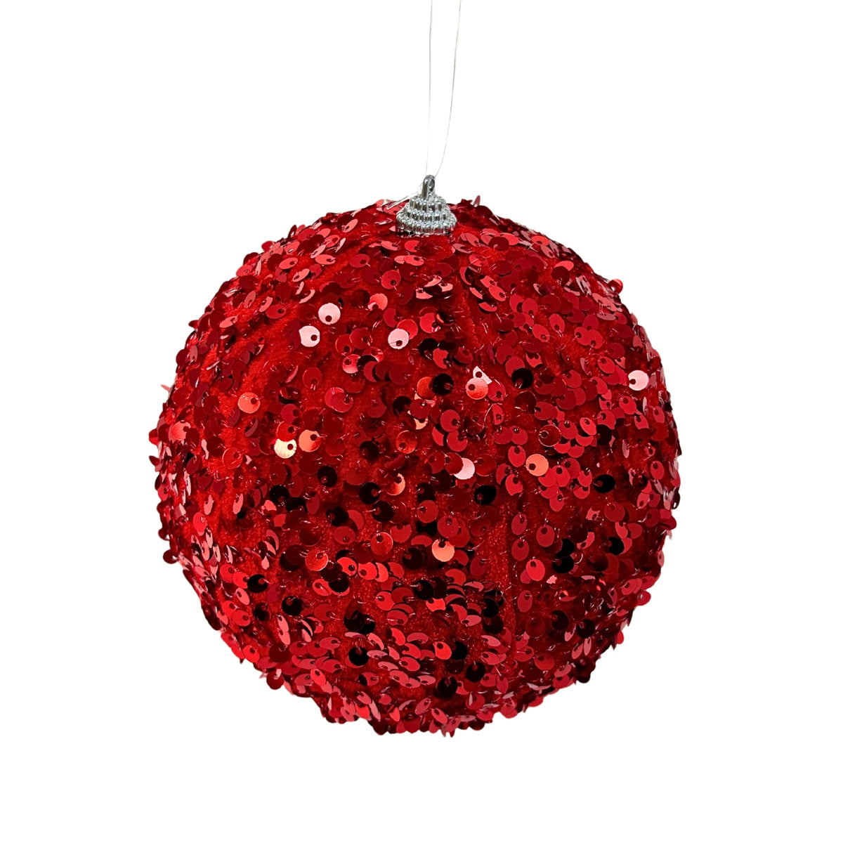 Red fur sequin ball ornament with a sparkling finish.