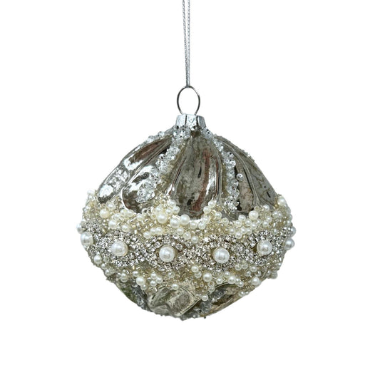 Silver pearl glass ornament with silver pearl mercury onion glass detail.