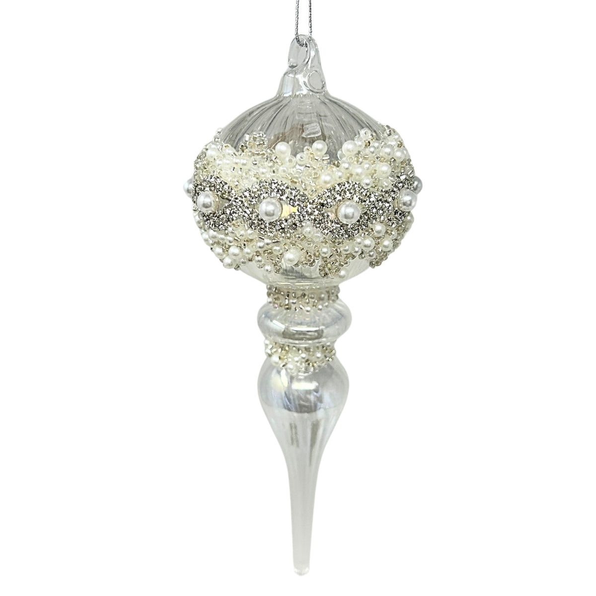 Clear glass finial ornament with pearl detail.