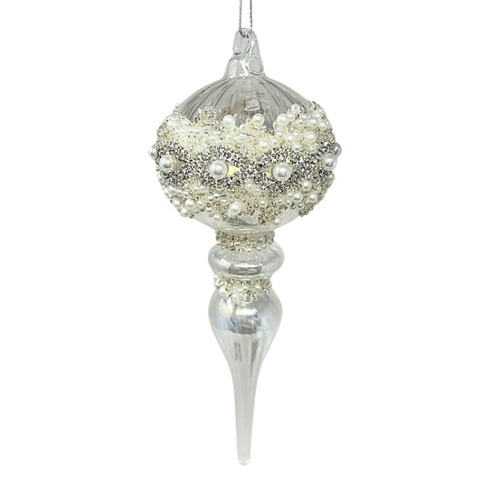 Clear glass finial ornament with pearl detail.