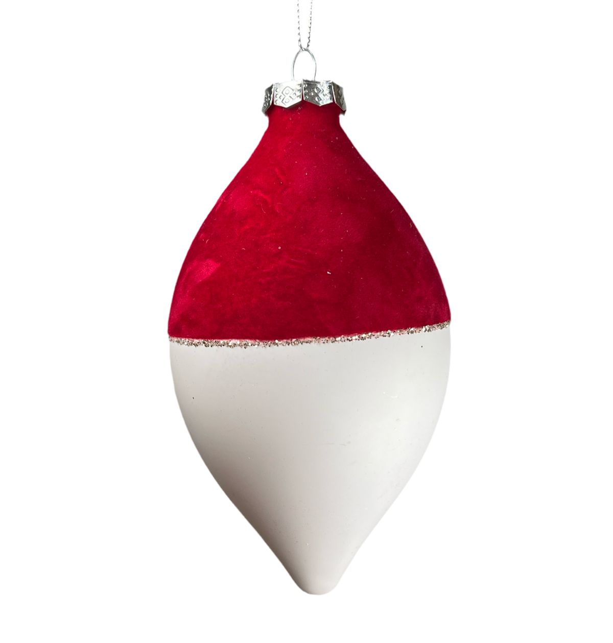 Red and white flocked matte ornament, assorted design, third design.