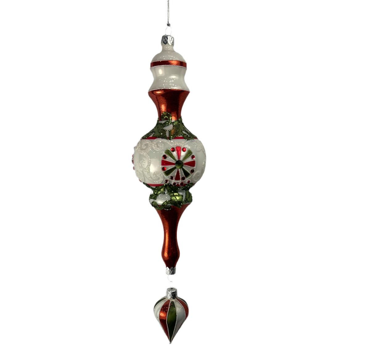 White and red vintage finial ornament with pinwheel medallions, alternate view.