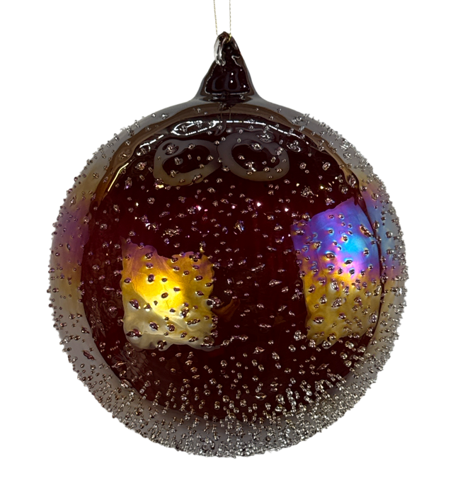 Burgundy glass ball ornament with burgundy iced glass ball detail.