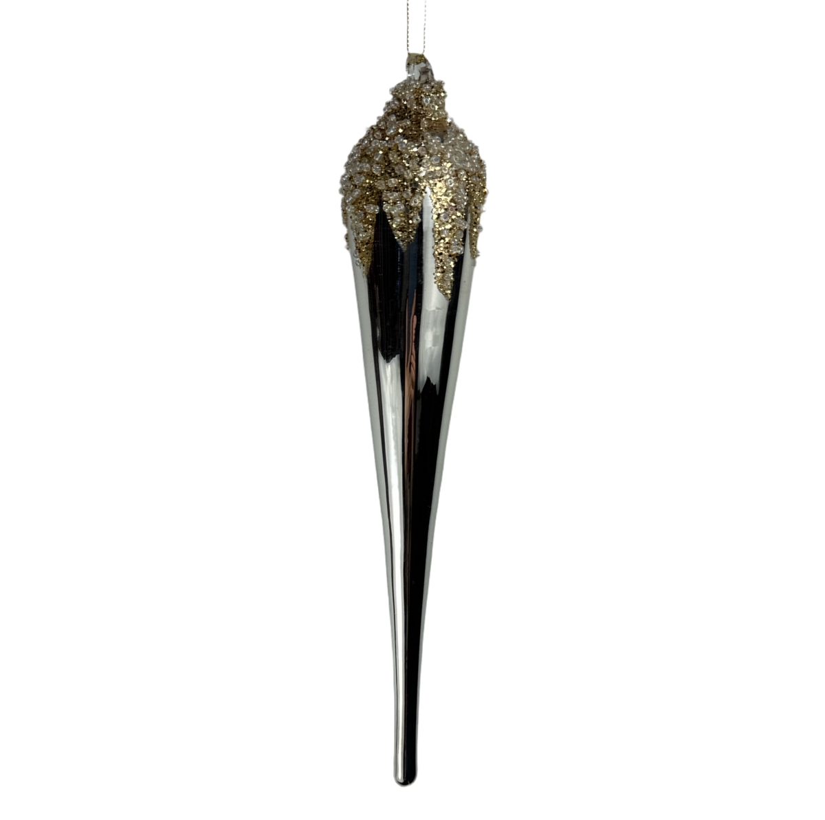 Platinum glass beaded finial ornament with an elongated form.