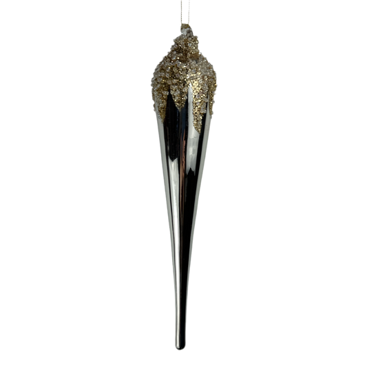 Platinum glass beaded finial ornament with an elongated form.