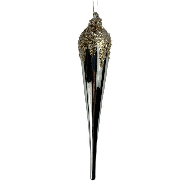 Platinum glass beaded finial ornament with an elongated form.